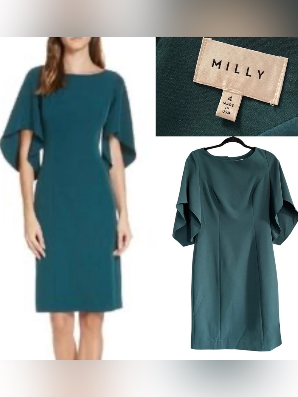 Milly Teal Cape Sleeve Sheath Dress - Size 4
(Made in USA)